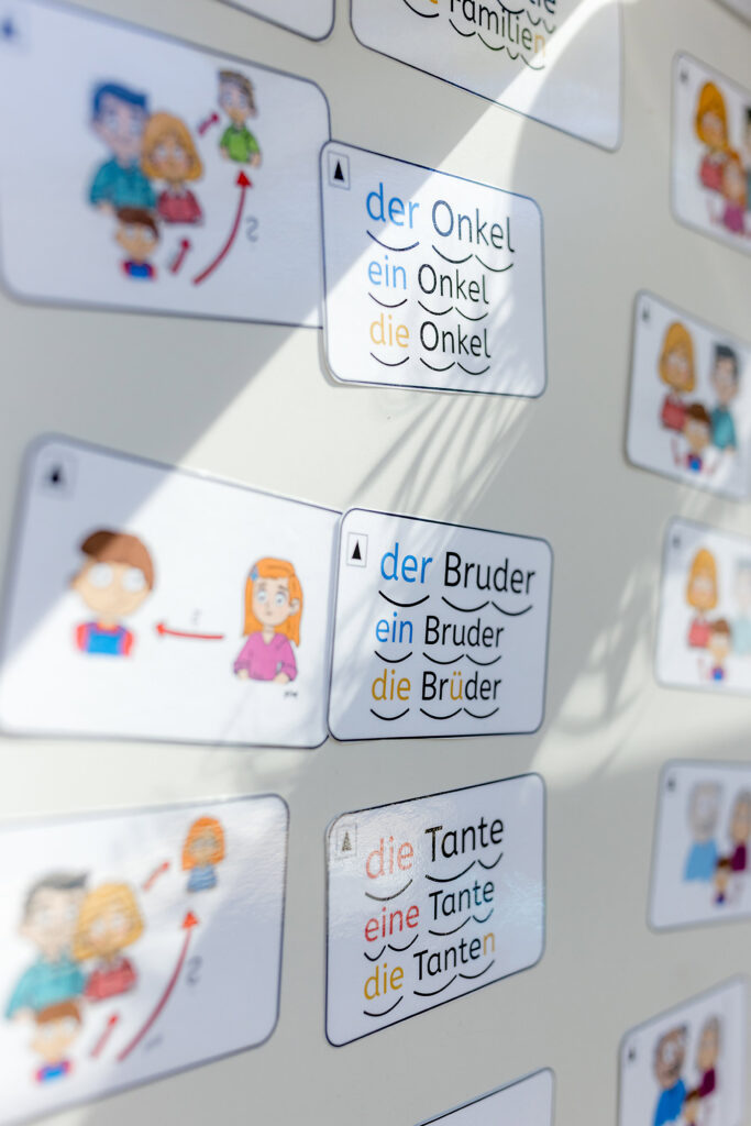 Wortkarten zum Deutschlernen an einer Wand